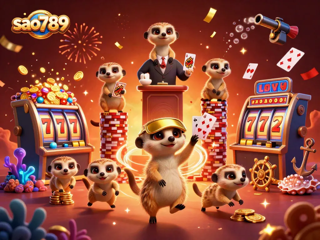 Experience thrilling casino action with sao789's meerkat characters in a vibrant 3D scene filled with excitement.