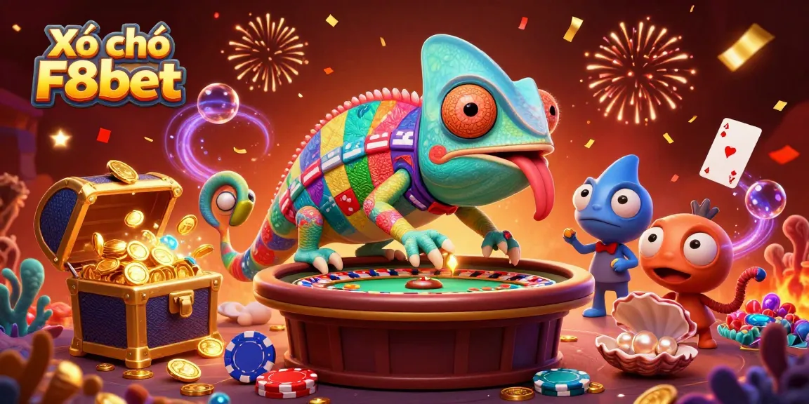 Experience the thrill of Xổ số F8bet with a vibrant 3D illustration of a chameleon casino owner and dynamic gaming elements.