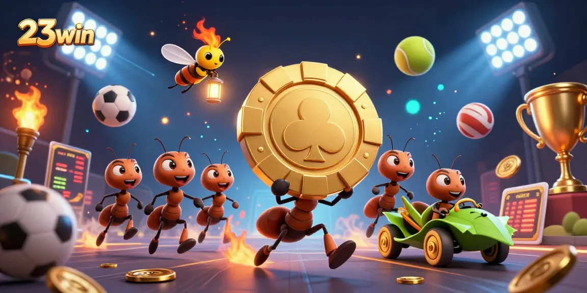23win ants heist with golden poker chip in vibrant casino-themed illustration