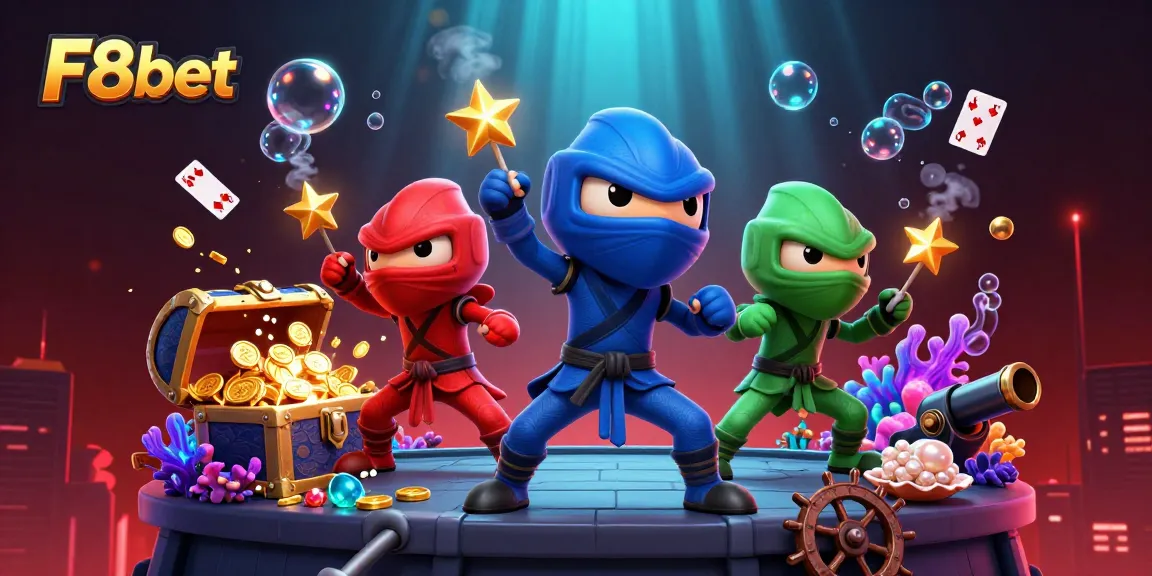 Experience thrilling action with F8bet, featuring chameleon ninjas and rich visual elements in this explosive casino illustration.