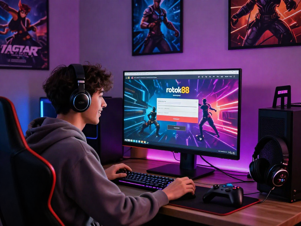 User engaging with vibrant rokok88 login interface in a dynamic gaming room setting.