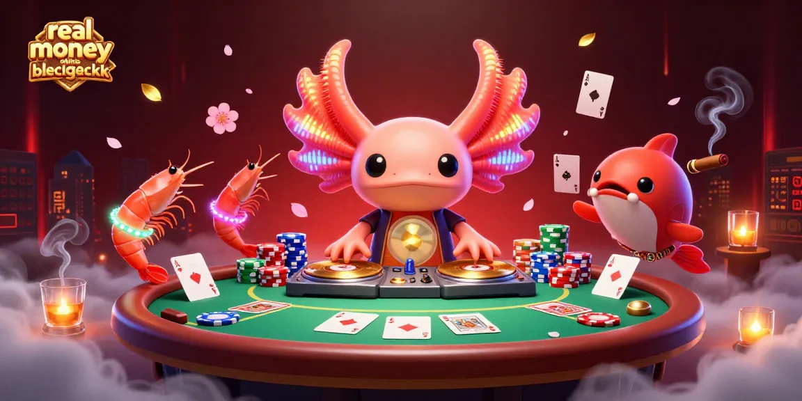 Experience real money online blackjack in a vibrant, colorful 3D scene featuring lively characters and casino elements.