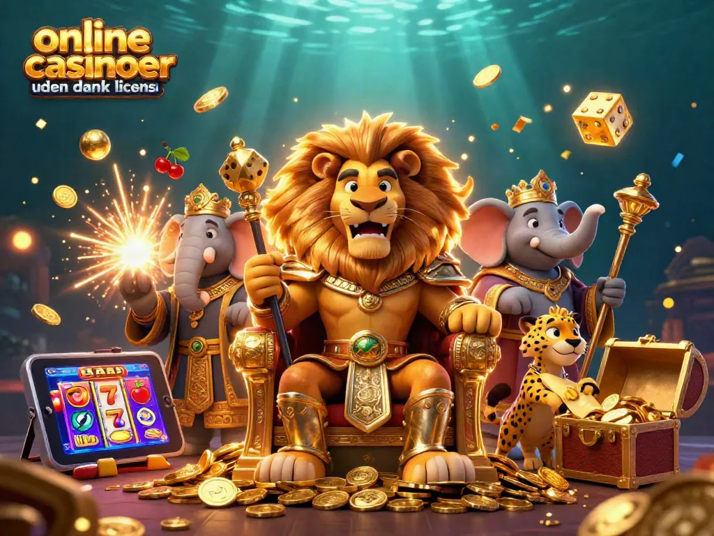 Experience the thrill of online casinoer uden dansk licens with a majestic scene featuring a lion king, wise advisor, and swift messenger surrounded by vibrant game elements.