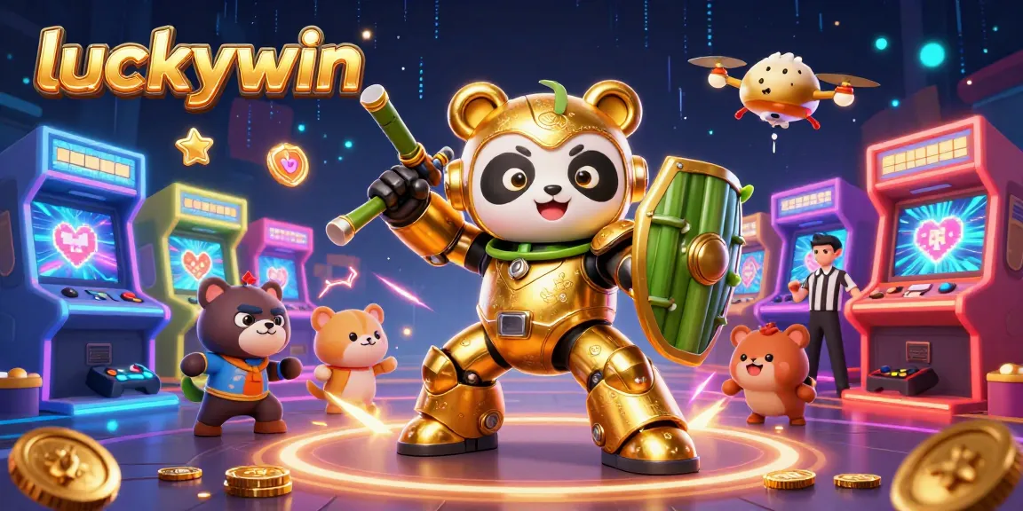 Experience lively gameplay at luckywin with a 3D golden panda battling in a vibrant casino arena.