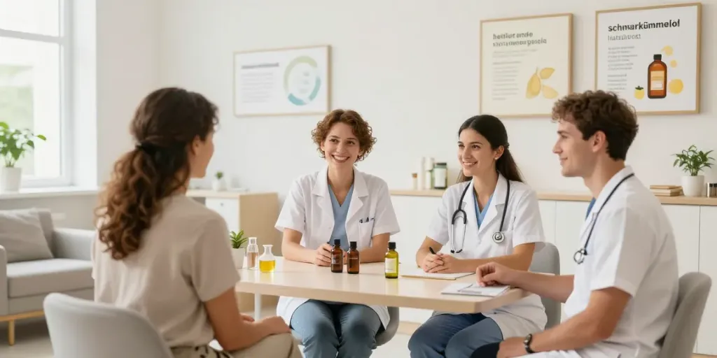 Schwarzkümmelöl in der Gesundheitsberatung einer Klinik für Patient*innen, fördert Gesundheitsaustausch, professionelle Pflege.