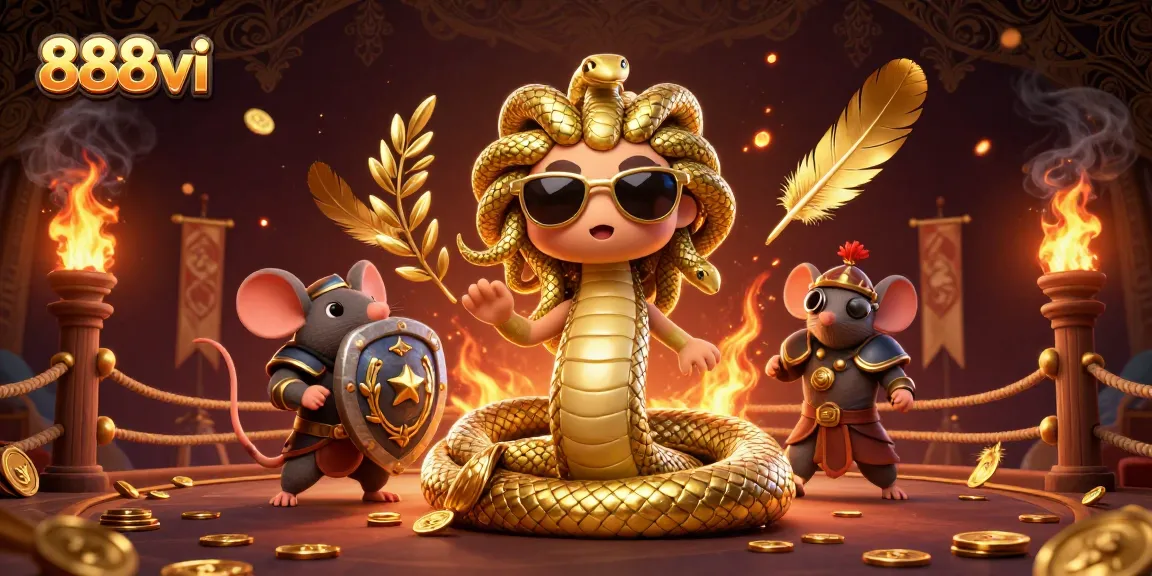 Win at 888vi with friendly Medusa and a warrior mouse in a vibrant casino scene.