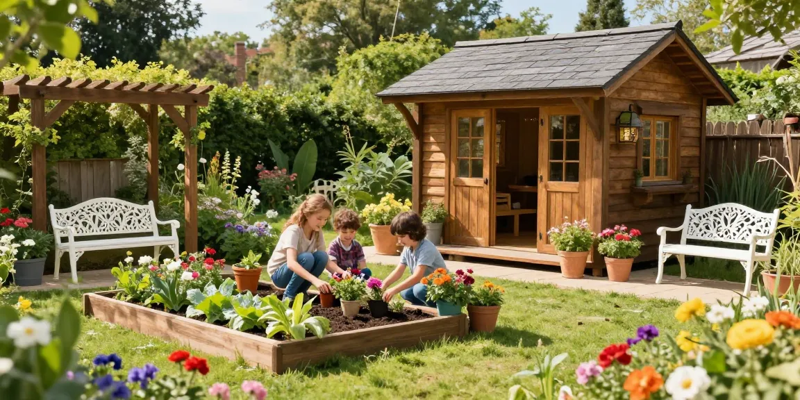 Gemütliches Gartenhaus Holz umgeben von bunten Blumen im Familiengarten, das zu einem einladenden Außenbereich einlädt.