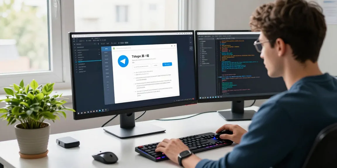 Guide to setting Telegram中文 in a tech workspace, featuring customization setup with vibrant ambiance.