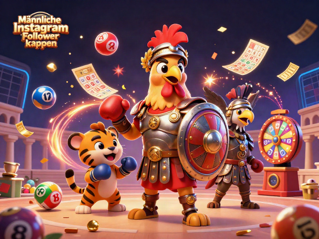 Männliche Instagram Follower kaufen durch aufregende Casino-Illustration mit Gladiator-Hahn und Spielautomaten.