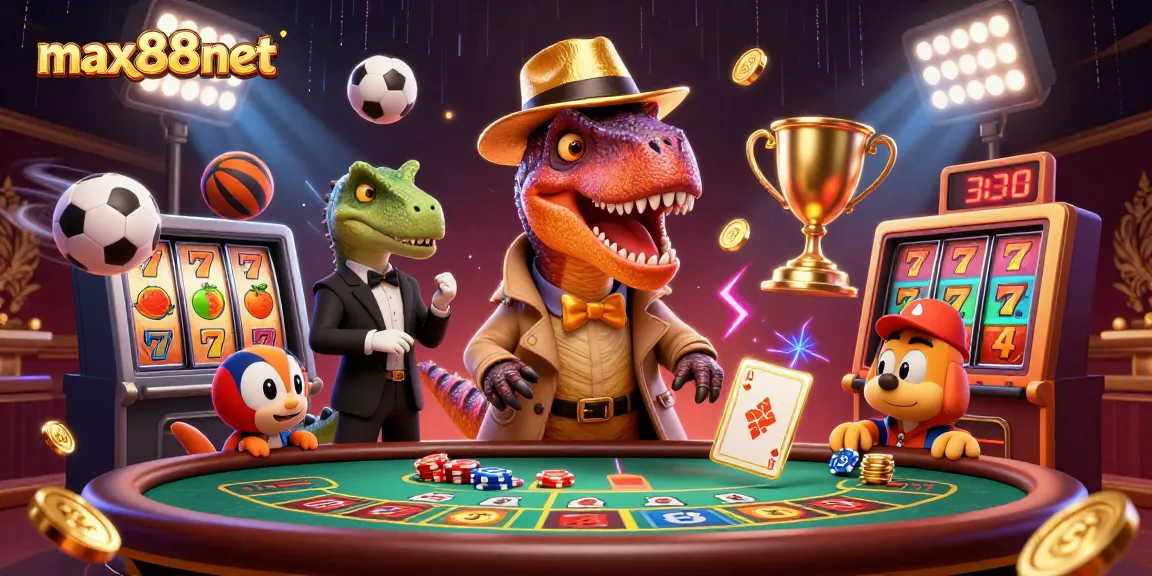 Engage with max88net's thrilling blackjack action featuring unique characters in a vibrant casino scene.