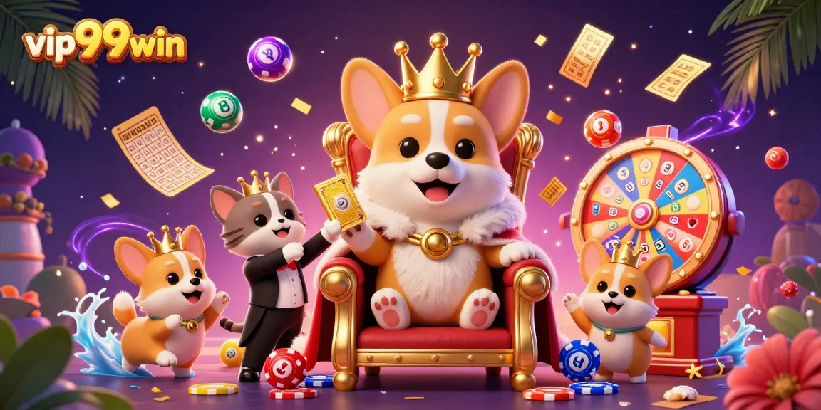Experience excitement with vip99win's royal corgi and vibrant casino elements in a colorful scene.
